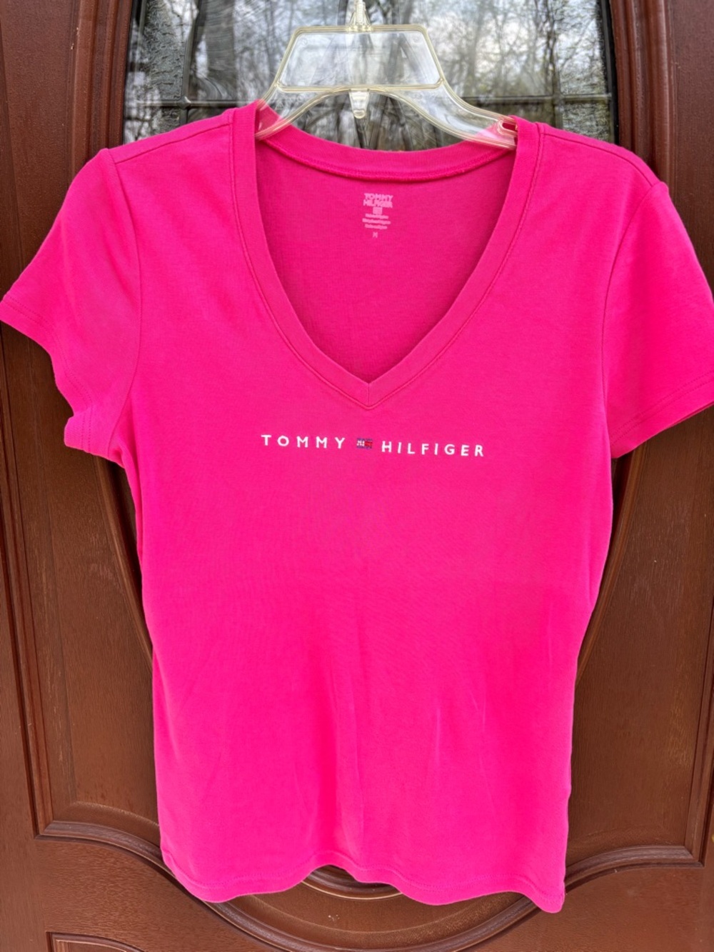 Tommy Hilfiger Women's Bright Pink V-Neck Logo Tee